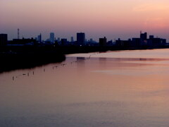 山は見えないが、夕焼けのある荒川の夕暮れ