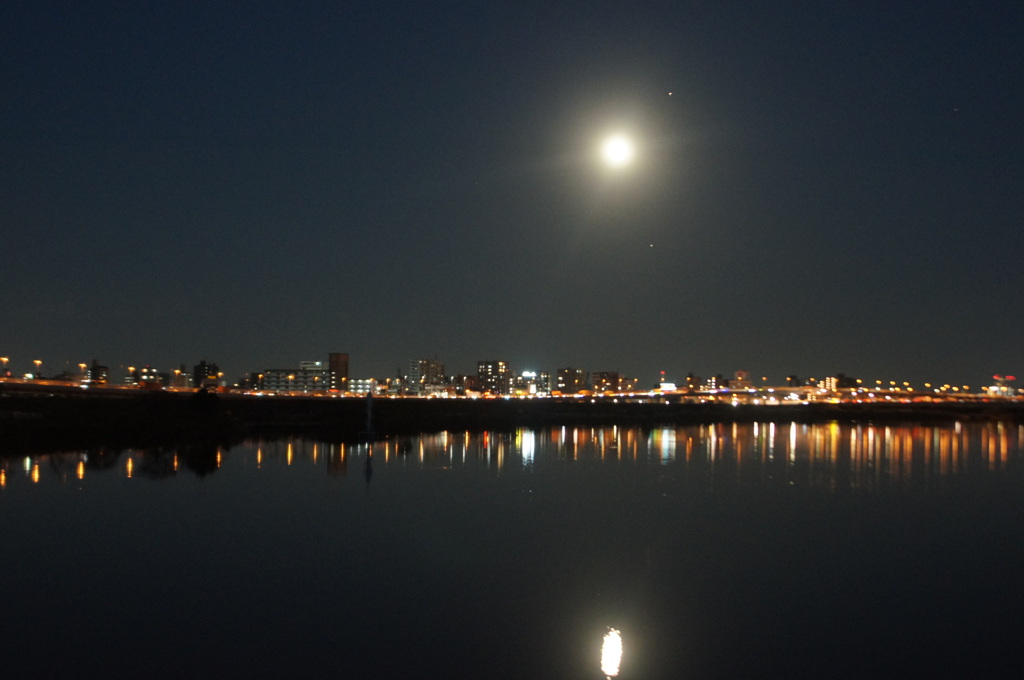 荒川千住新橋の満月と火星の見える夜景