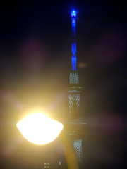 荒川土手下の街灯の光で補光し手振れをなくした東京スカイツリー撮影