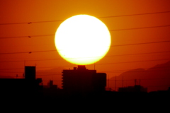 千住新橋から景信山の前のビルの夕日