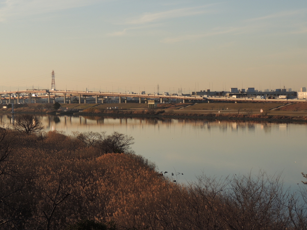 ’２３新春の夕日の当たる荒川河原