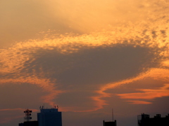 千住新橋から見えた夕焼けの吊るし状雲からのロート状の雲