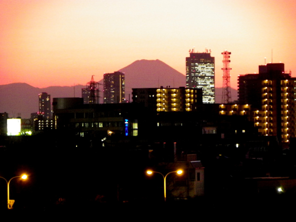 千住新橋から富士山の夜景のシルエット