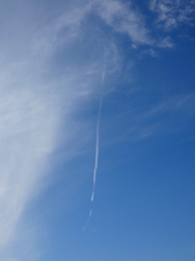 ’22新年の荒川土手から上空の白雲おなかに飛行機雲