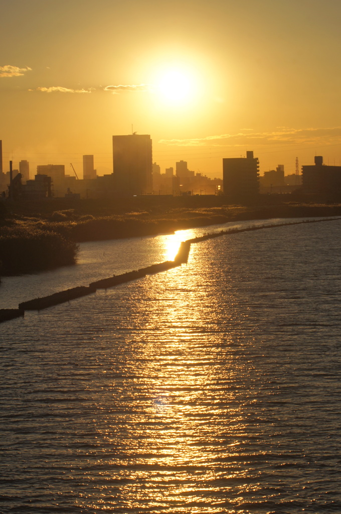 荒川の黄金の夕日とサンロード