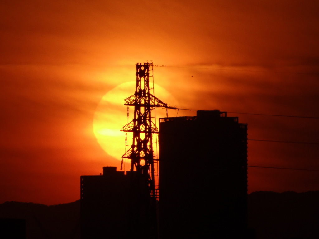 荒川の鉄塔の夕日
