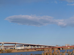 西新井橋と高速高架上の大きなレンズ雲