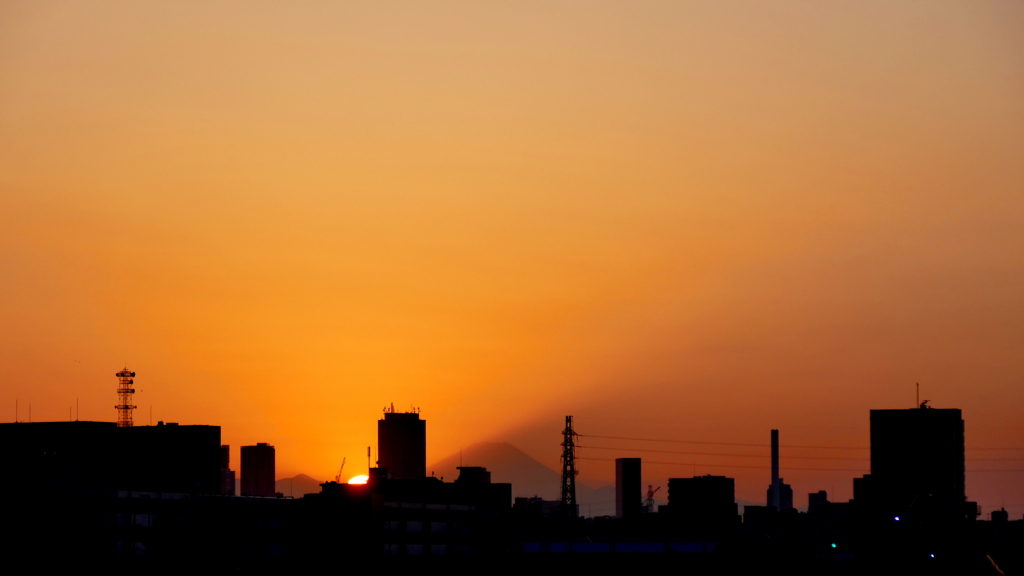 荒川土手から丹沢蛭ヶ岳右の榛の木丸の夕日
