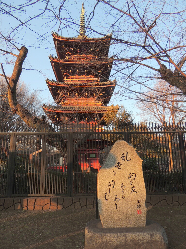 上野東照宮の参道脇から夕日の当たる詩を読んだ石碑と動物園内の寛永寺の五重塔
