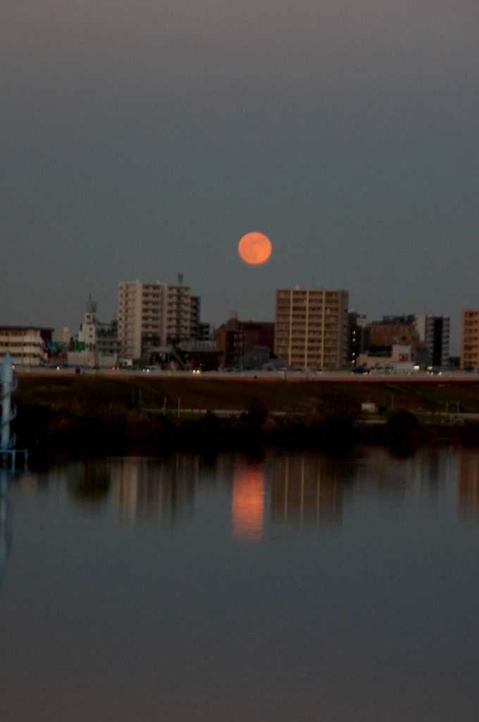 夕日が西に落ちると東から赤黄色の満月が