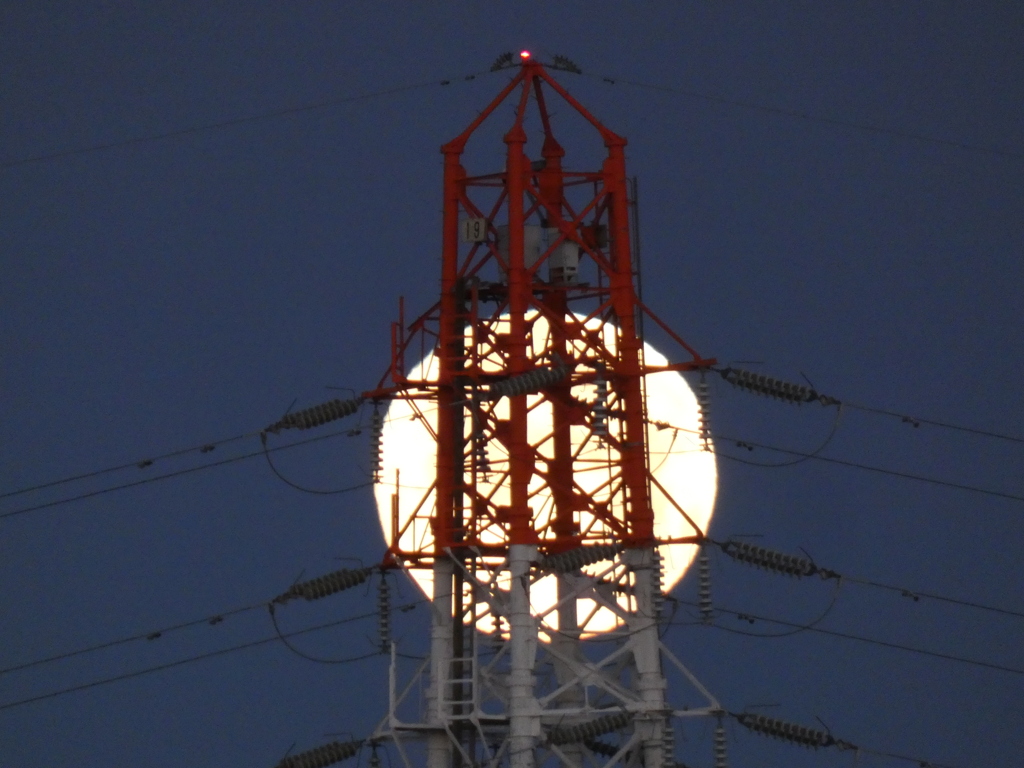 荒川の鉄塔の後ろの早朝の満月