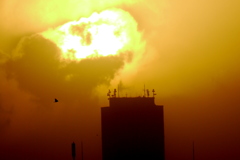 寒波が覆うサンシャインビルの上の黄夕日