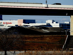 千住荒川土手から対岸の高速高架下の日光錫ヶ岳と日光白根山
