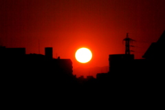 荒川土手から南西のビルの間の丹沢山系の夕日