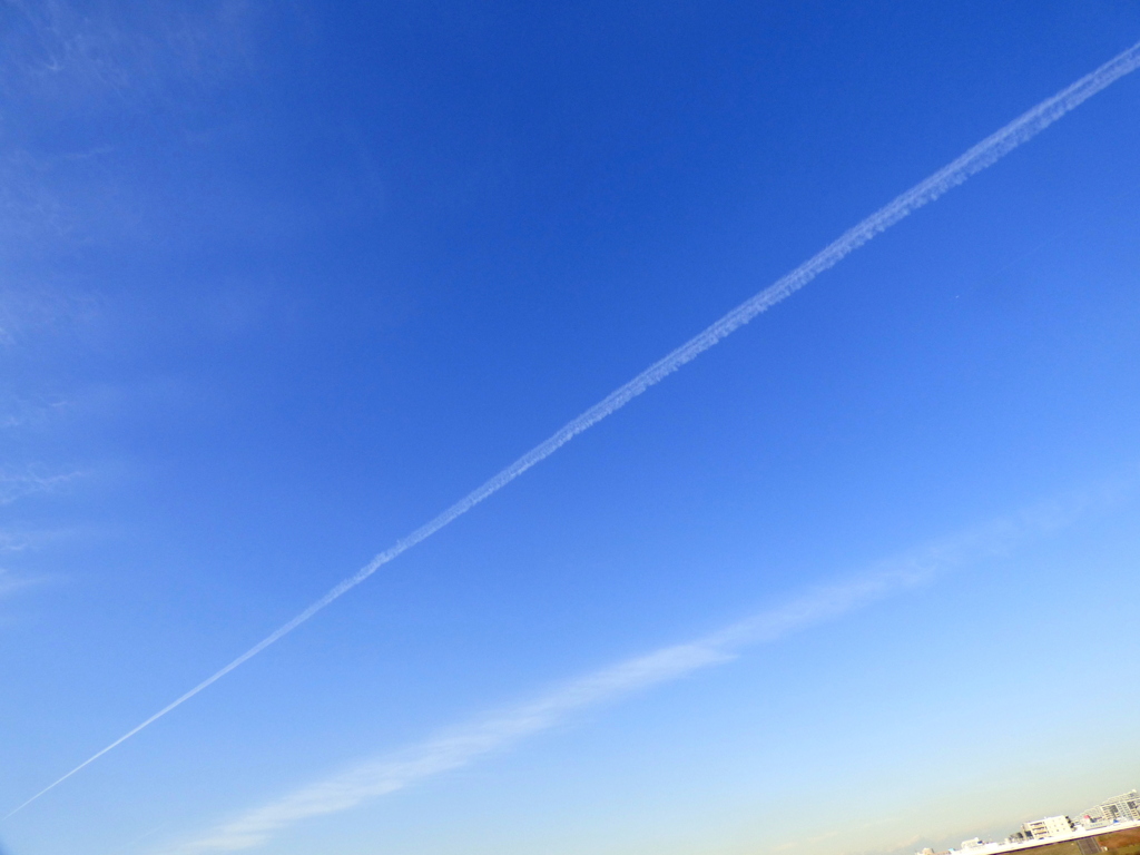 荒川の空を二条の飛行機雲