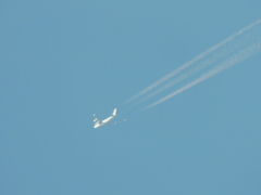 千住桜木上空のJAL機と飛行雲