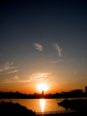 荒川と綾瀬川の合流水門から池袋サンシャインの夕日