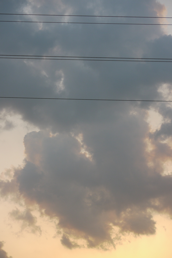 夕日を浴びる荒川の電線と黒雲