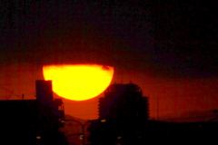 千住土手下通りのマンションと足立新田辺のタワービル間の大きな夕日