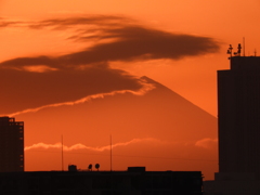 千住新橋から雲の間の赤い夕方の富士山