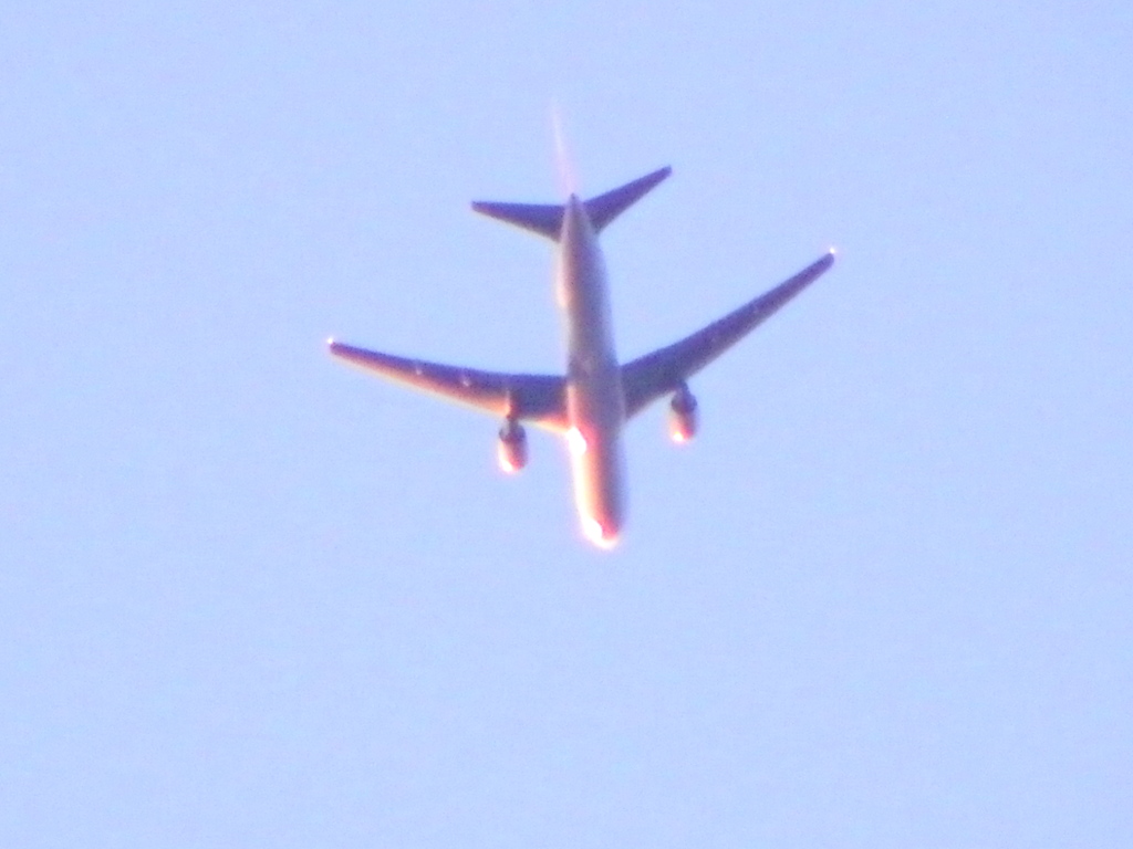 赤く染まる夕方の飛行機