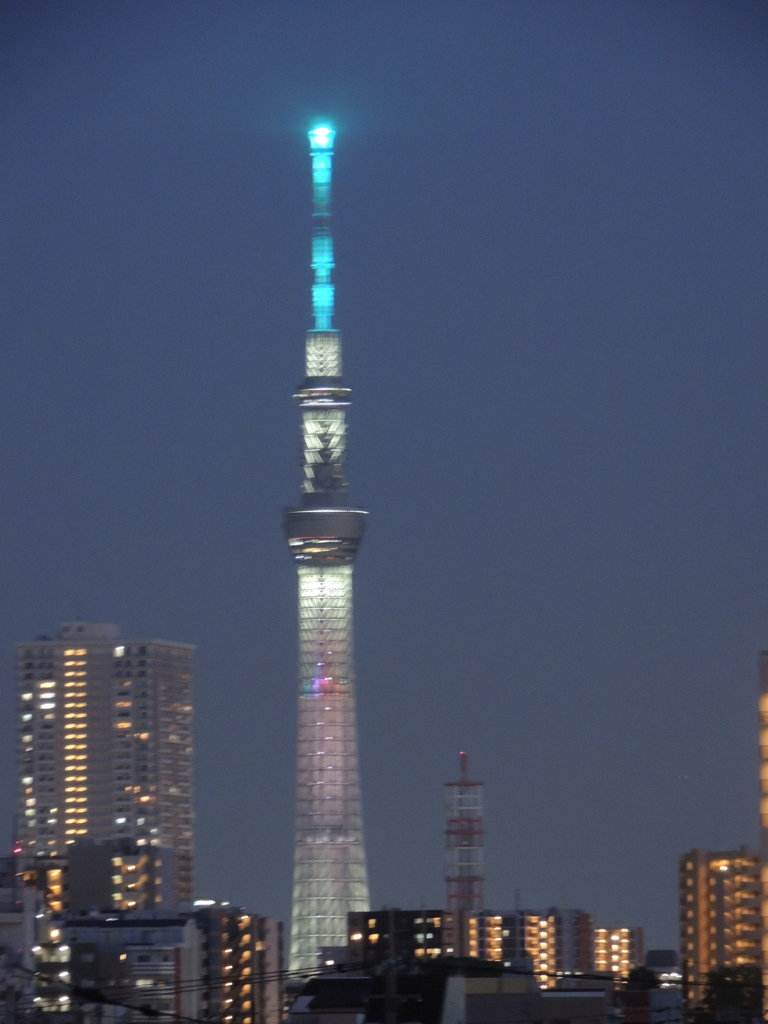 荒川土手から手持ち夜景の東京スカイツリー