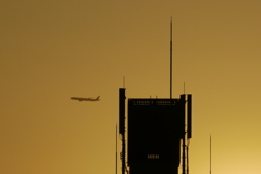 マンションの屋上の夕方の飛行機の往来