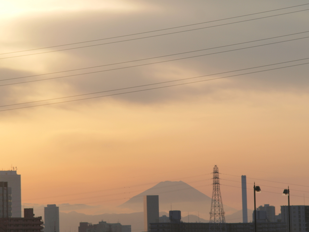 荒川西新井橋上の夕暮れの雲海に浮かぶような富士の風景