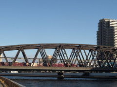 隅田川橋梁のJR貨物常磐線支線列車