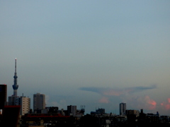千住土手からスカイツリーの右のかなとこ雲の夕焼け