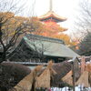 冬の夕日の上野東照宮の五重の塔と