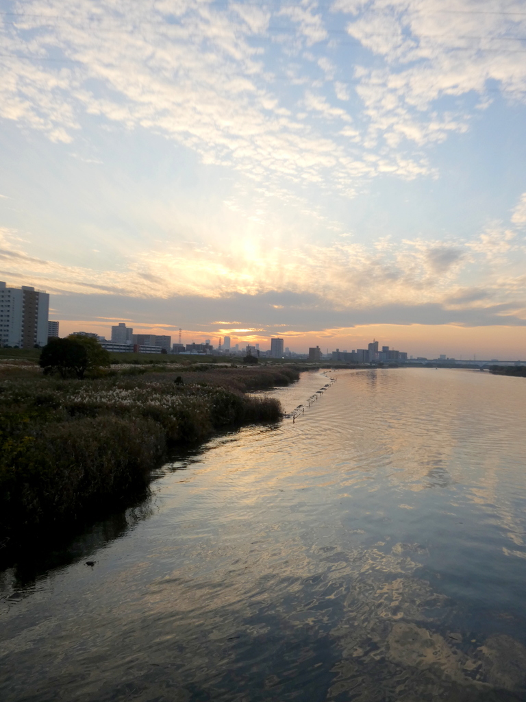 空と雲写る荒川の水面の風景