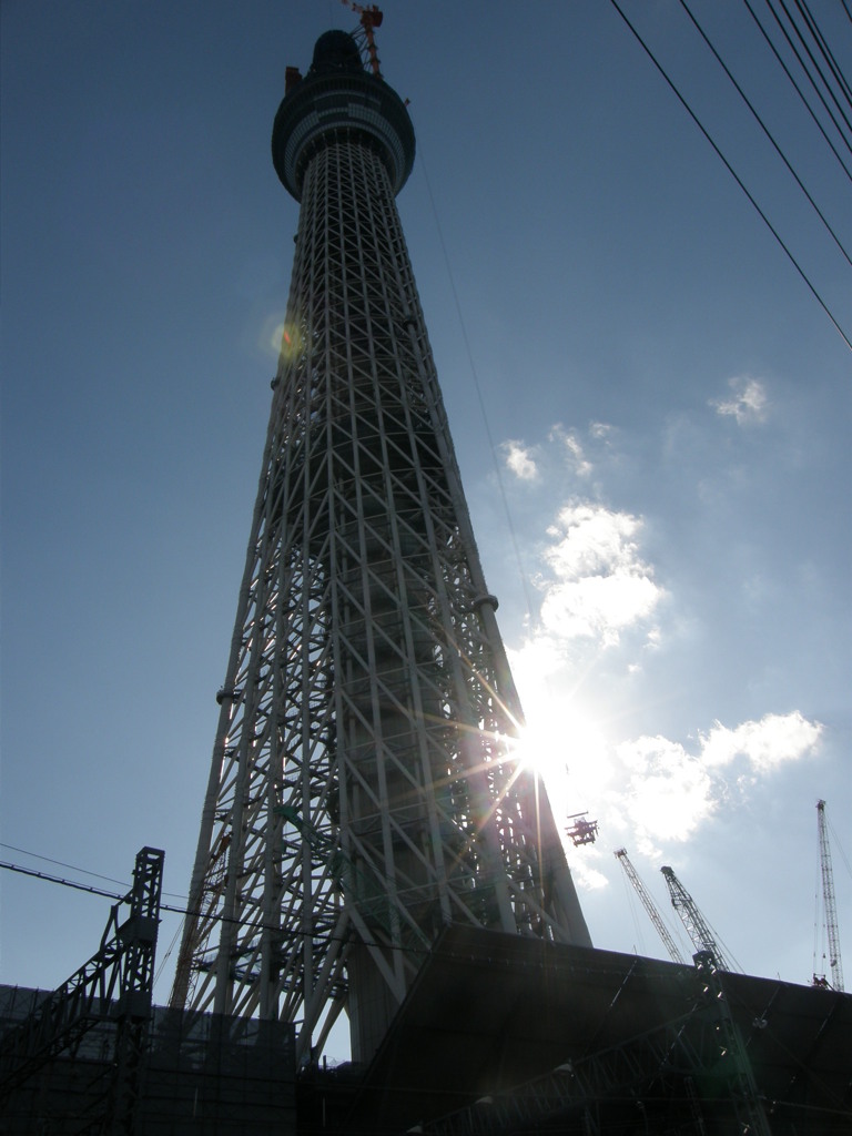 逆光の建設途中のスカイツリー