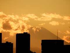 ’23新年の荒川土手からの黄金の雲被る夕方の富士山