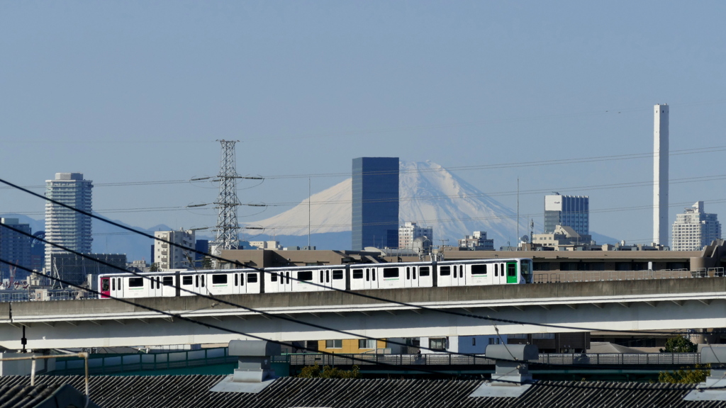 荒川土手から日暮里方面に向かう舎人ライナーとバックの丹沢山系と富士