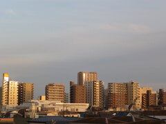 荒川土手から薄曇りの空だが、北千住に夕日が