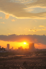 黒雲から出て黄金の光を放つ夕日