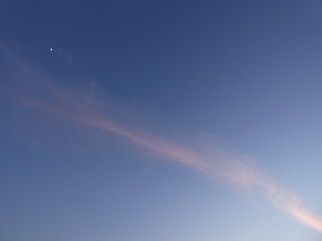 荒川土手から夕焼けの飛行機雲と一番星