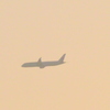 黄砂の空を飛ぶJAL機
