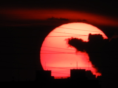 尾竹橋から舎人ライナー高架の上のビルに落ちる積乱雲被る大きな夕日