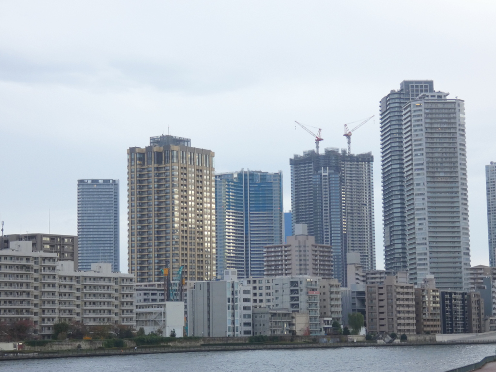 築地明石から隅田川の川向うの佃島もんじゃの月島辺りのビル群
