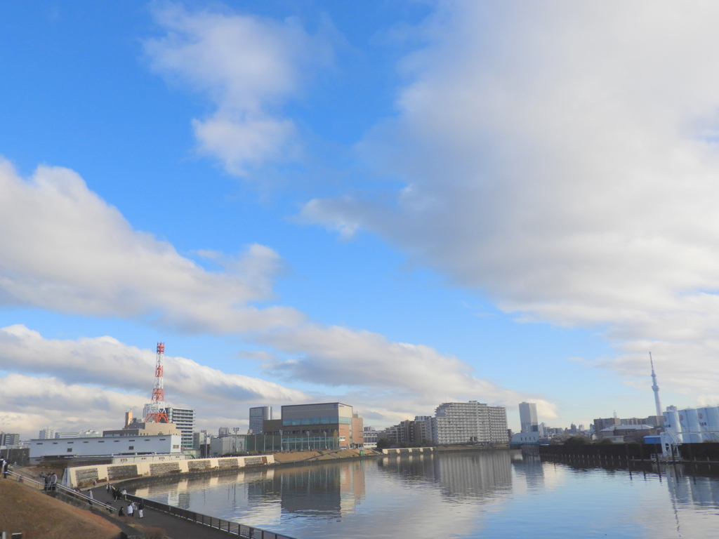 雨上がりの千住桜木ワンドの大きな積雲群