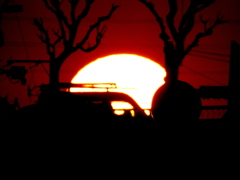 荒川土手下から西新井橋の坂の車の上の夕日