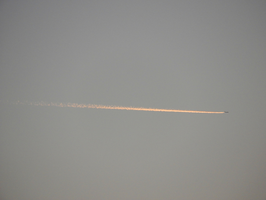 千住新橋から見えた南の低い空の赤い飛行機雲