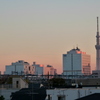 荒川土手から夕日を浴びる千住の風景