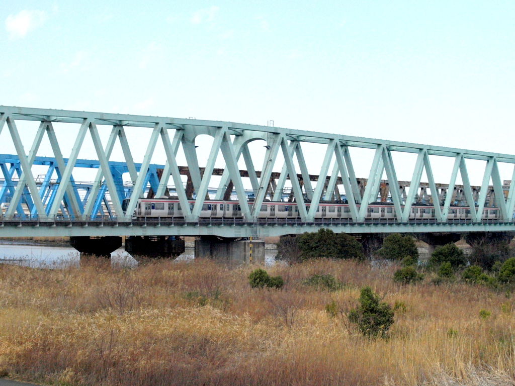 葦原の3レーン並ぶ荒川橋梁の一つのTXレーン