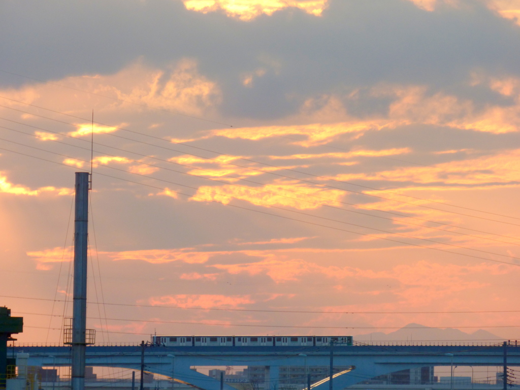 夕焼けの大持山小持山の前を通る舎人ライナー