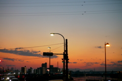 街灯のついたニス新井橋の夕景