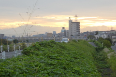 多摩川の土手上から見た秩父方面のの朝焼け雲