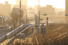 夕焼けの荒川土手の土手下通り